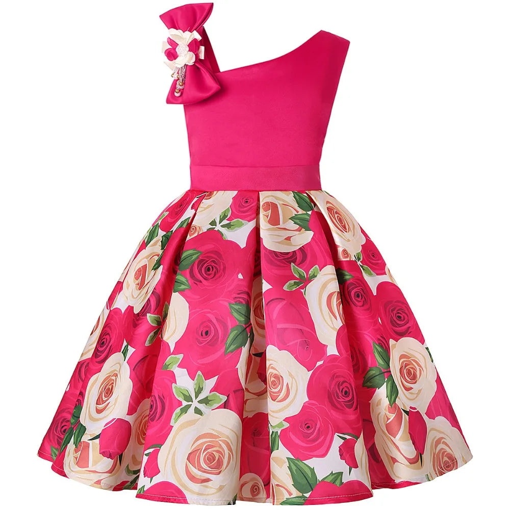 Girls Dress For Kids Clothes Flower One-shoulder Pageant Birthday Wedding Party Princess Children Dress 3 4 5 6 7 8 9 years
