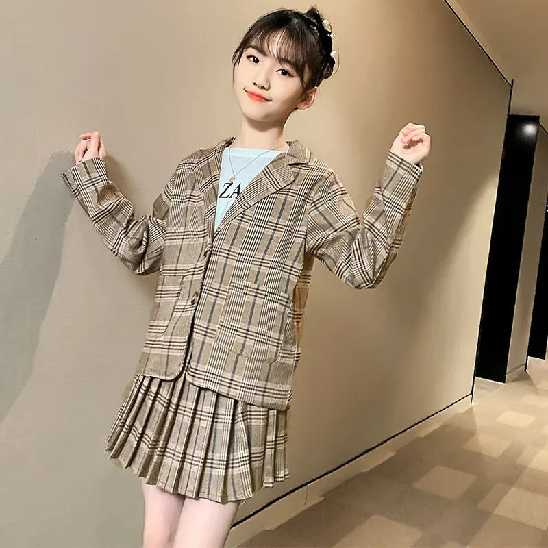 Girls Clothing Suit For Formal Party Blazer And Skirt Set Fashion Spring Children Cotton Linen Plaid Outfits 4 5 7 9 11 12 13Yrs