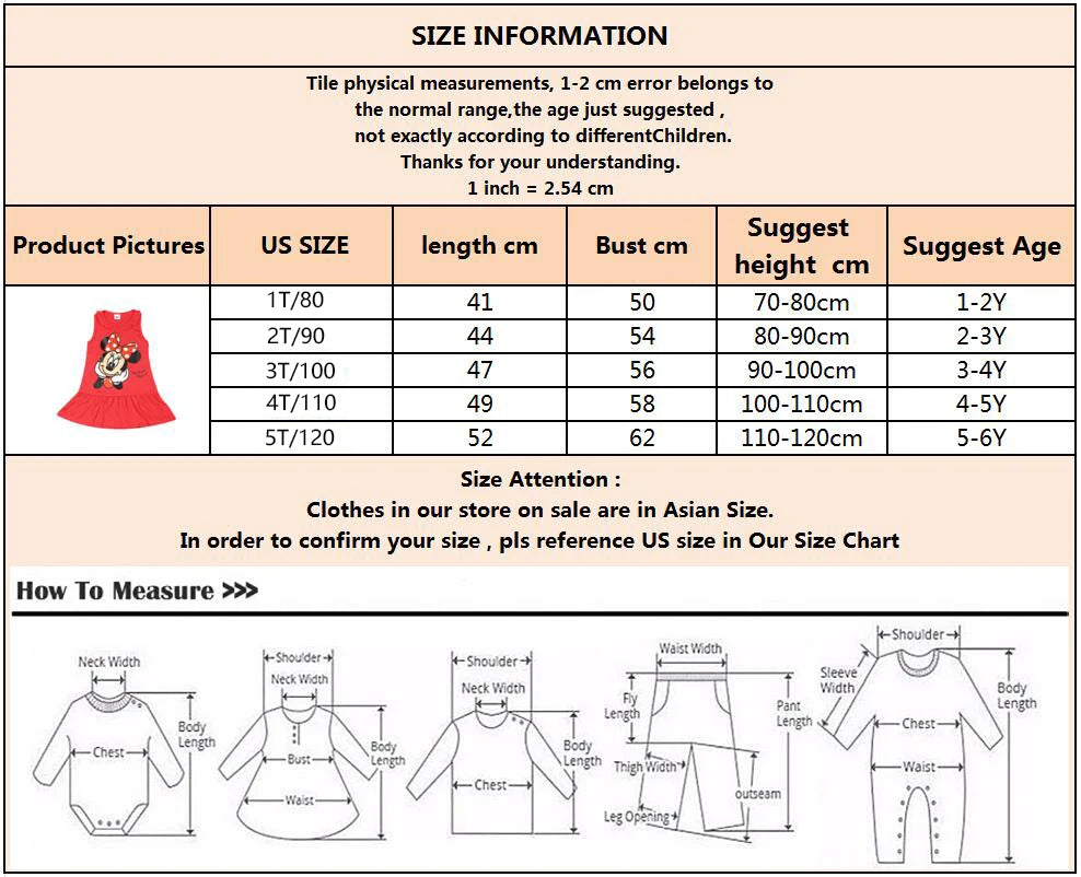 New Fashion Baby Girls Dress Summer Dress Cartoon Cotton Red Minnie Dress Princess Dress Children's Girl Clothing 1-6Years