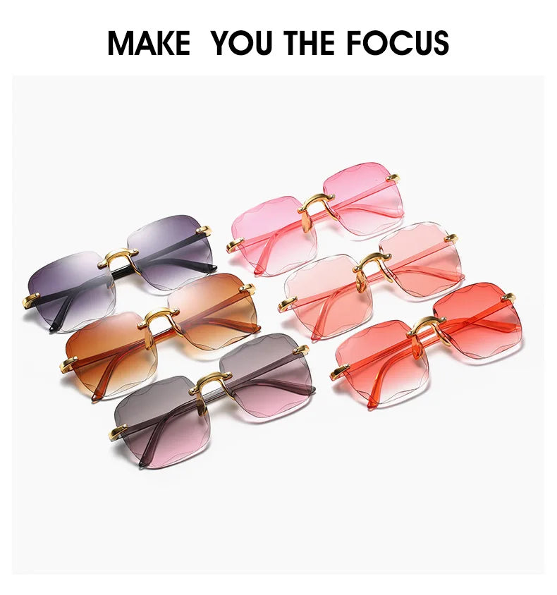 3PCS Square Rimless Sunglasses Women Luxury Brand Designer Summer Red Glasses Fashion Sun glasses For Men UV400 Shades Oculos