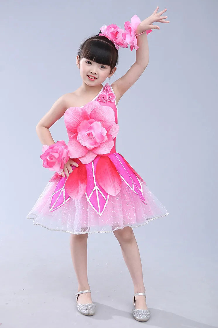 girls pink flower dance costumes kindergarten performance clothing festival dance dress carnival supplies