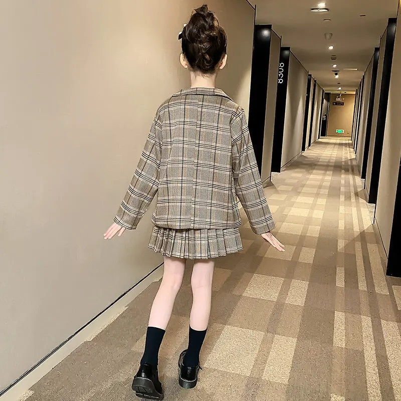 Girls Clothing Suit For Formal Party Blazer And Skirt Set Fashion Spring Children Cotton Linen Plaid Outfits 4 5 7 9 11 12 13Yrs