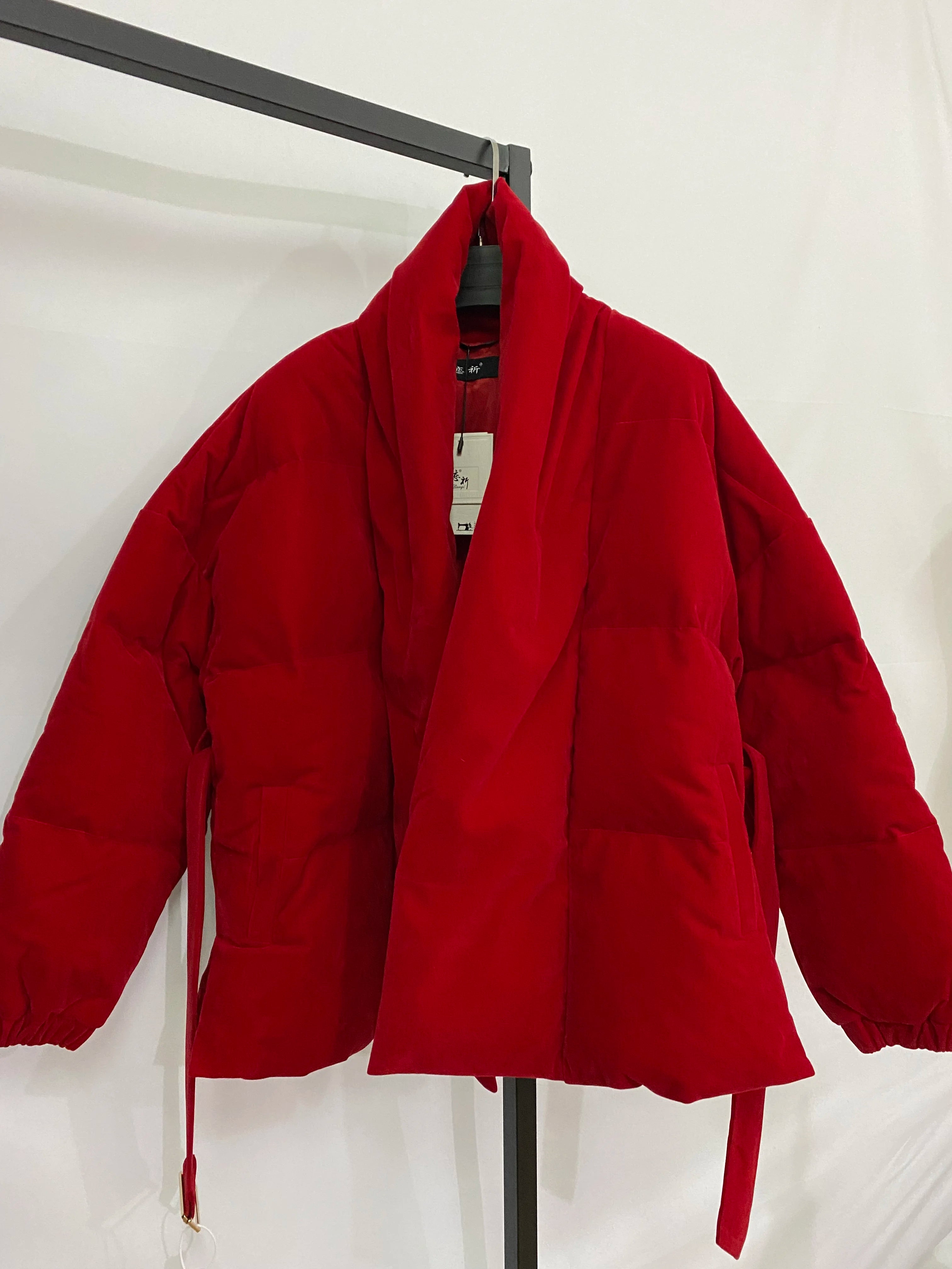 Women Winter Jacket V Neck Belted Warm Thick Cotton Padded Parkas Velvet Jacket Red Long Sleeve Short Casual Down Cotton Jacket
