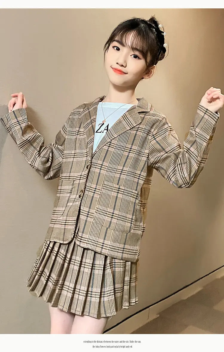 Girls Clothing Suit For Formal Party Blazer And Skirt Set Fashion Spring Children Cotton Linen Plaid Outfits 4 5 7 9 11 12 13Yrs