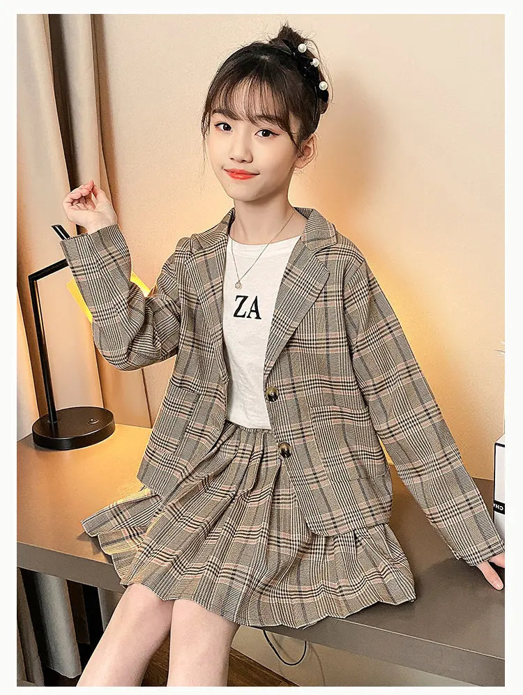 Girls Clothing Suit For Formal Party Blazer And Skirt Set Fashion Spring Children Cotton Linen Plaid Outfits 4 5 7 9 11 12 13Yrs
