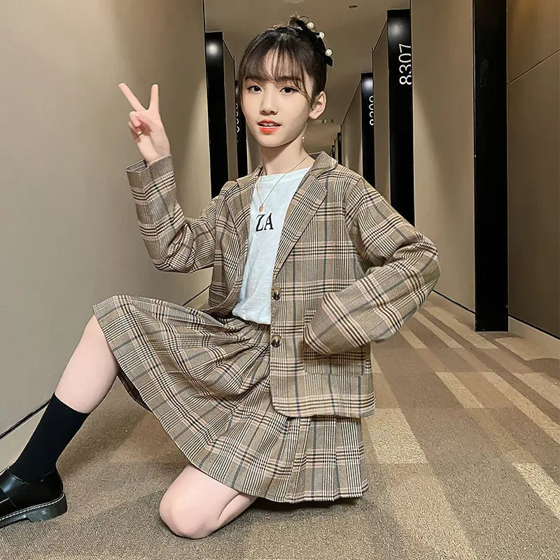 Girls Clothing Suit For Formal Party Blazer And Skirt Set Fashion Spring Children Cotton Linen Plaid Outfits 4 5 7 9 11 12 13Yrs