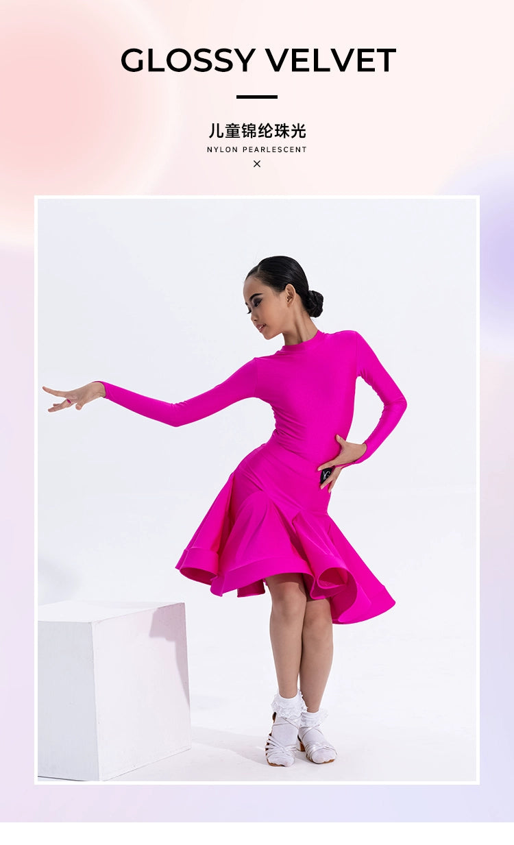 Girls Latin Dance Competition Clothing Glossy Fabric Long Sleeves Dance Dress Kids Cha Rumba Dance Practice Training Wear