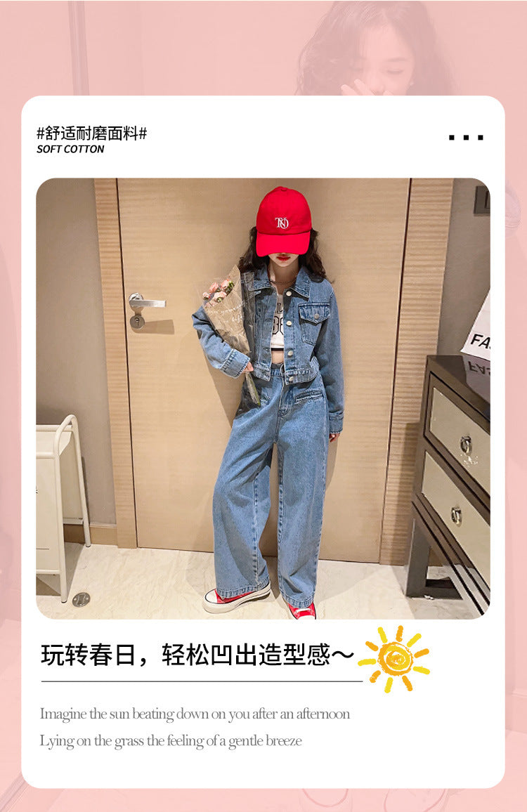 Girls' Autumn Set with Denim Jacket and Jeans, Girls' Denim Suit, Durable and Wear-resistant Children's Clothing
