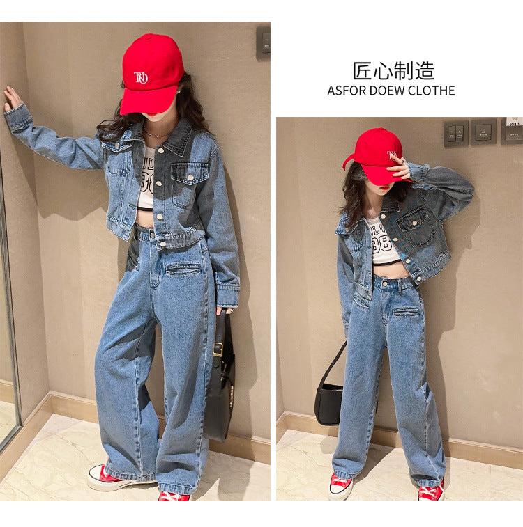 Girls' Autumn Set with Denim Jacket and Jeans, Girls' Denim Suit, Durable and Wear-resistant Children's Clothing