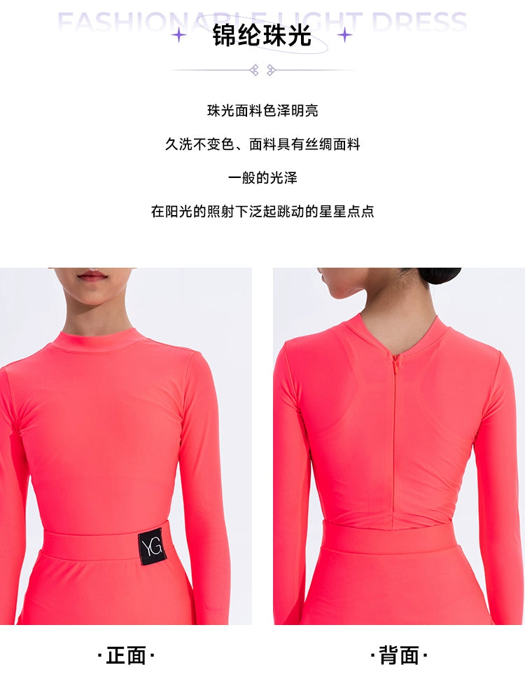 Girls Latin Dance Competition Clothing Glossy Fabric Long Sleeves Dance Dress Kids Cha Rumba Dance Practice Training Wear