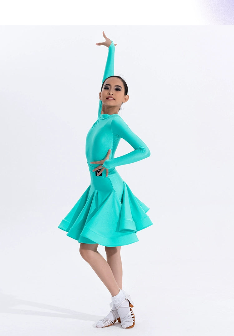 Girls Latin Dance Competition Clothing Glossy Fabric Long Sleeves Dance Dress Kids Cha Rumba Dance Practice Training Wear