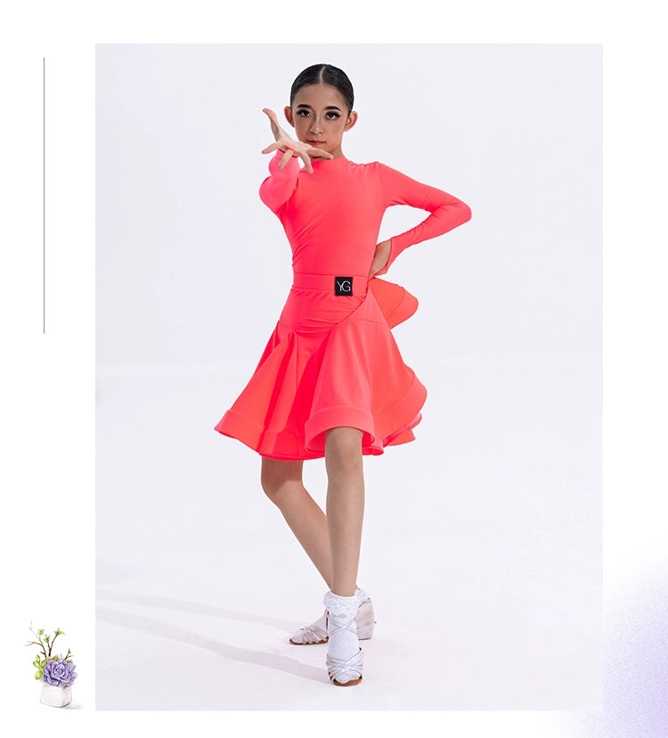 Girls Latin Dance Competition Clothing Glossy Fabric Long Sleeves Dance Dress Kids Cha Rumba Dance Practice Training Wear