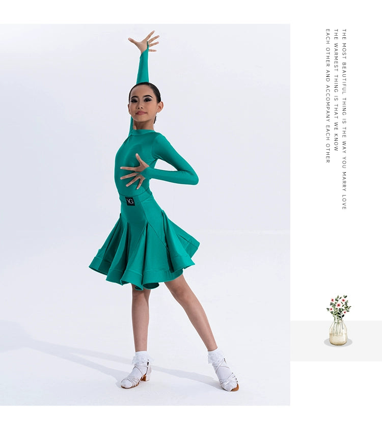 Girls Latin Dance Competition Clothing Glossy Fabric Long Sleeves Dance Dress Kids Cha Rumba Dance Practice Training Wear