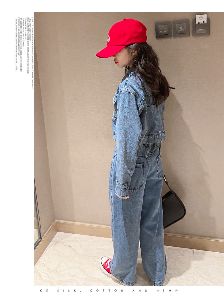 Girls' Autumn Set with Denim Jacket and Jeans, Girls' Denim Suit, Durable and Wear-resistant Children's Clothing