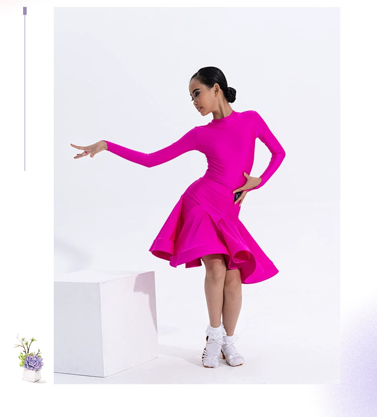 Girls Latin Dance Competition Clothing Glossy Fabric Long Sleeves Dance Dress Kids Cha Rumba Dance Practice Training Wear