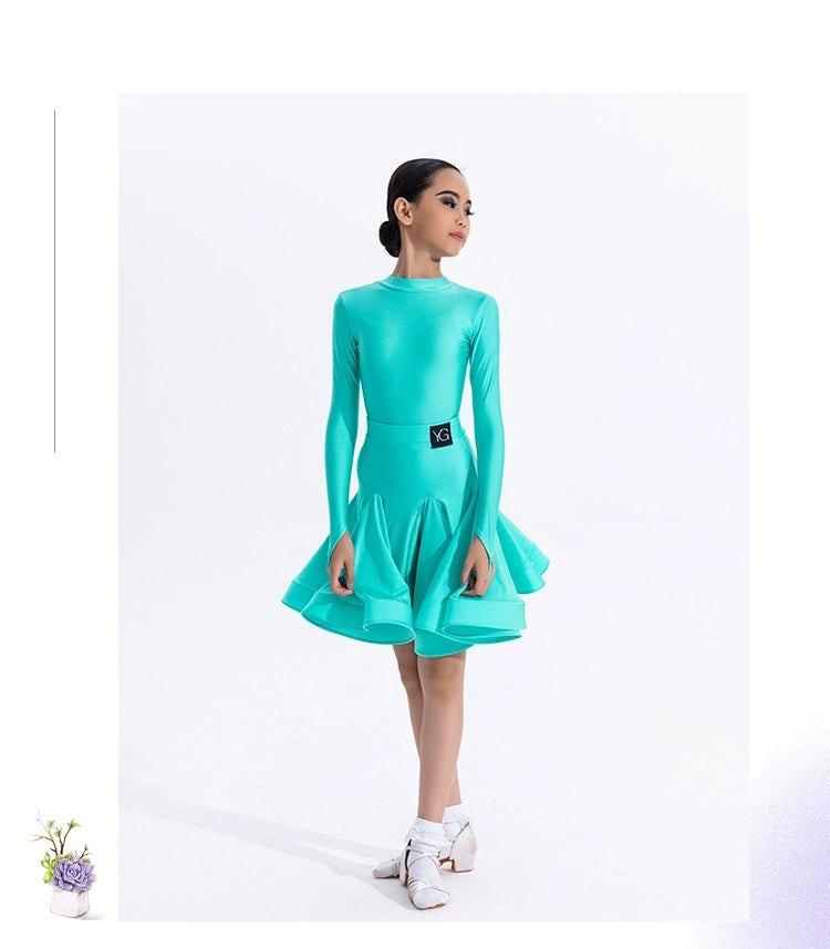 Girls Latin Dance Competition Clothing Glossy Fabric Long Sleeves Dance Dress Kids Cha Rumba Dance Practice Training Wear