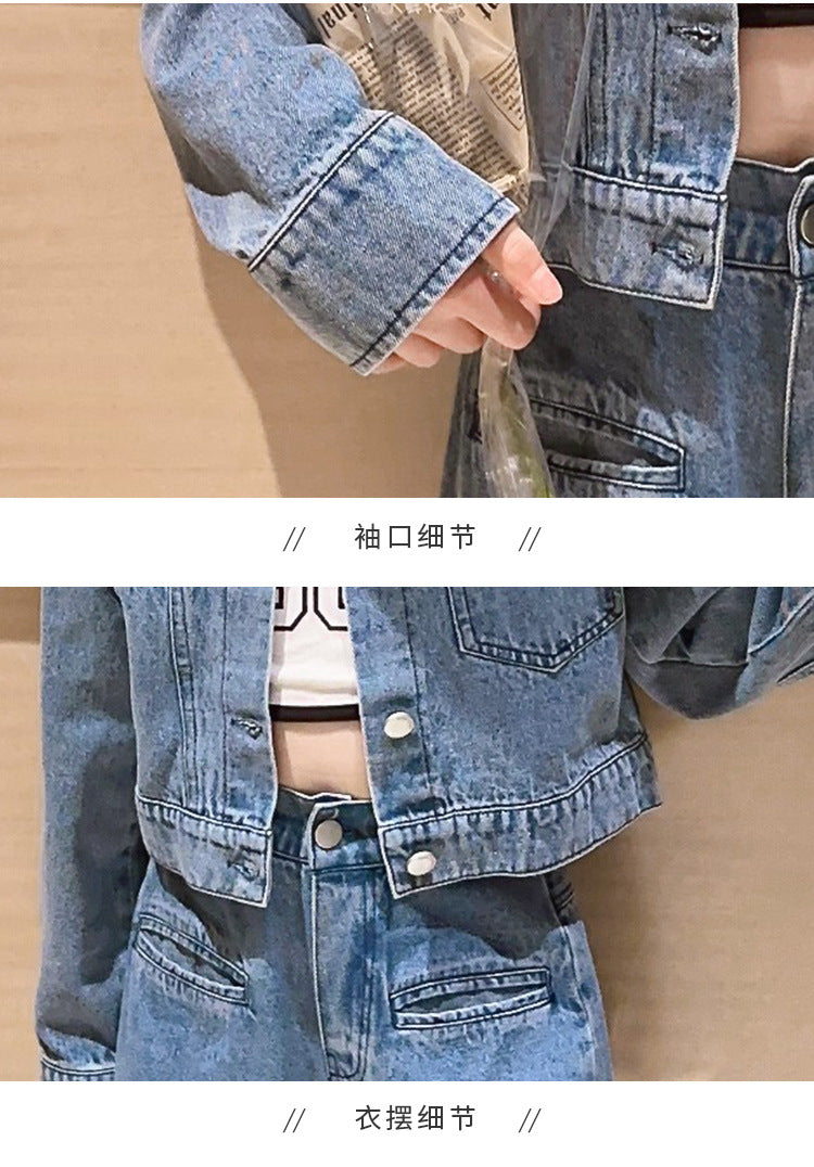 Girls' Autumn Set with Denim Jacket and Jeans, Girls' Denim Suit, Durable and Wear-resistant Children's Clothing
