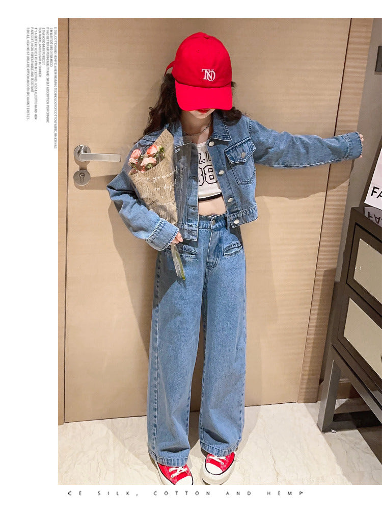 Girls' Autumn Set with Denim Jacket and Jeans, Girls' Denim Suit, Durable and Wear-resistant Children's Clothing
