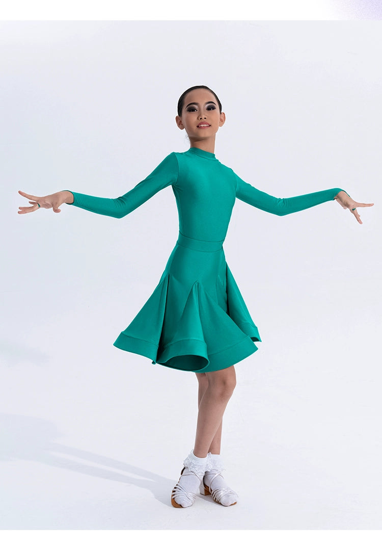 Girls Latin Dance Competition Clothing Glossy Fabric Long Sleeves Dance Dress Kids Cha Rumba Dance Practice Training Wear