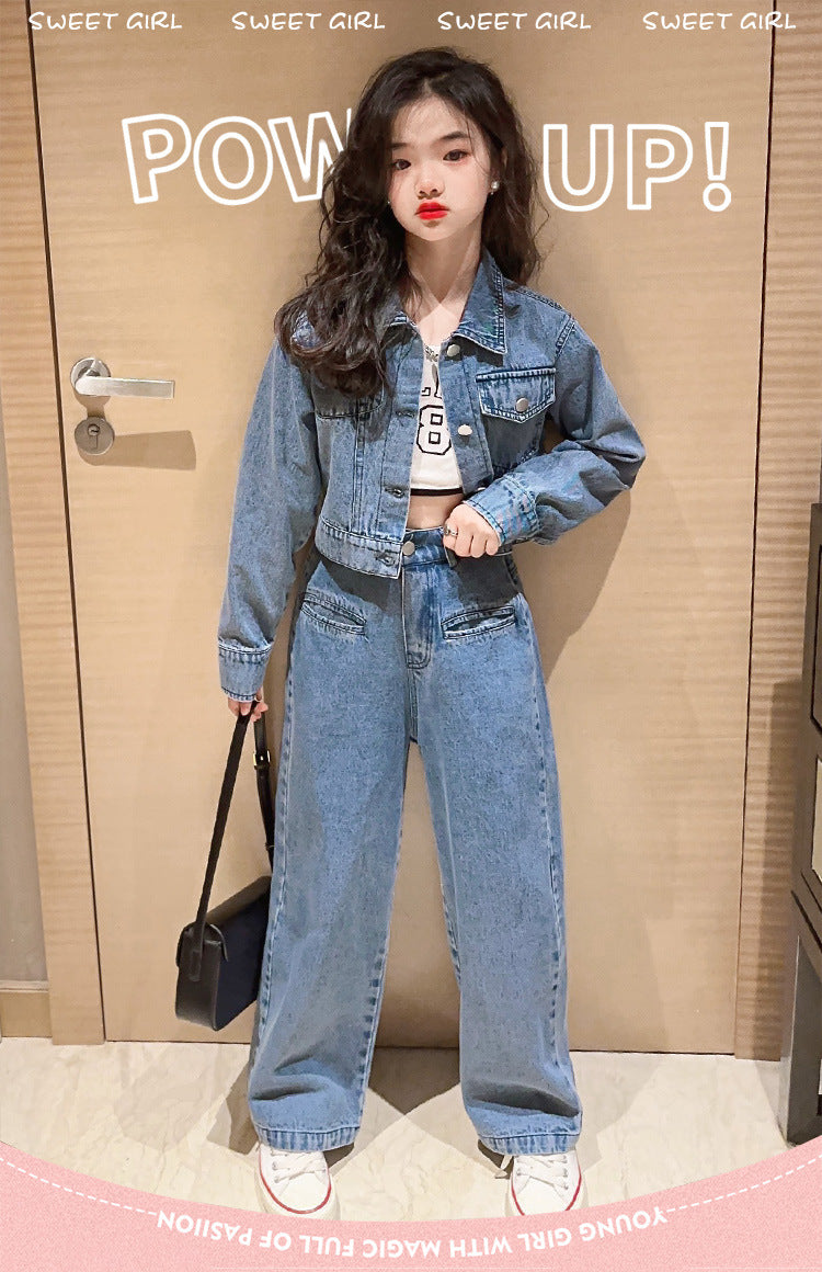 Girls' Autumn Set with Denim Jacket and Jeans, Girls' Denim Suit, Durable and Wear-resistant Children's Clothing