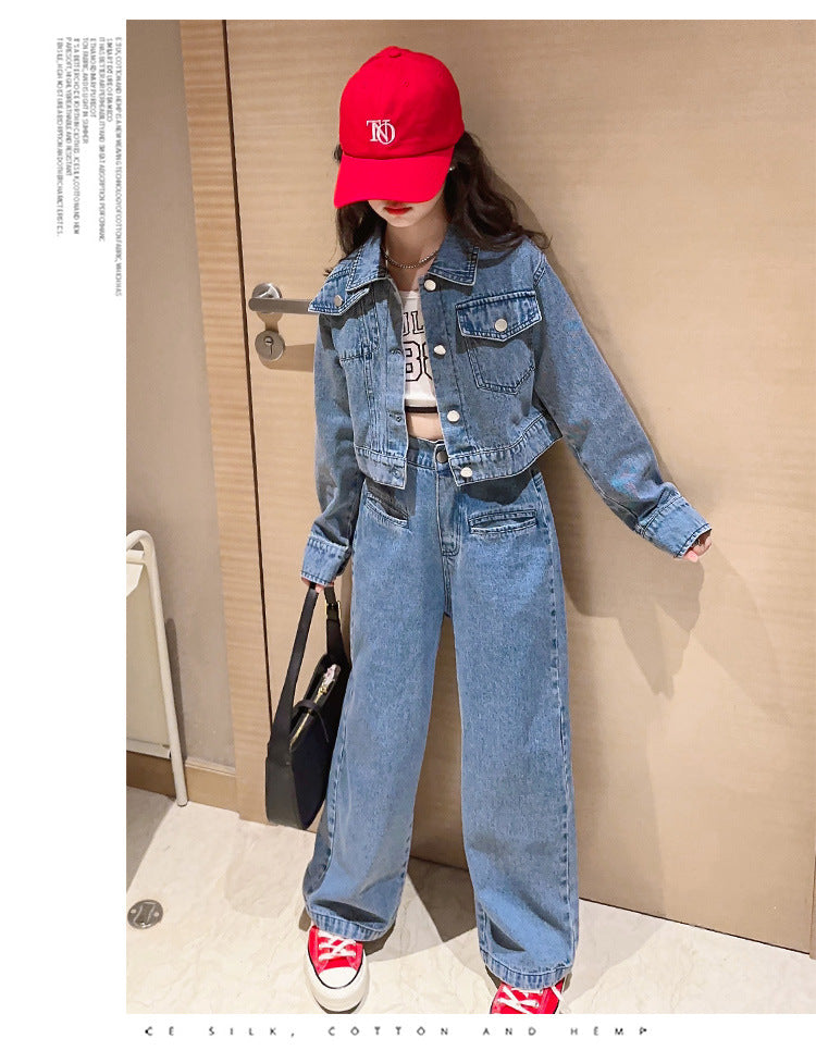 Girls' Autumn Set with Denim Jacket and Jeans, Girls' Denim Suit, Durable and Wear-resistant Children's Clothing