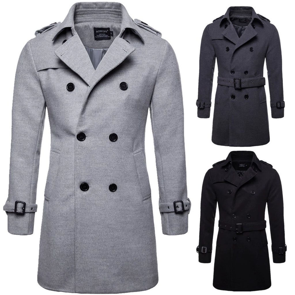 Mens Overcoat Trench Coats Winter Male Pea Coat with Belt Double Breasted Men Wool & Blends Coat Jacket Brand Clothing W10