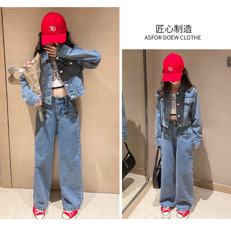 Girls' Autumn Set with Denim Jacket and Jeans, Girls' Denim Suit, Durable and Wear-resistant Children's Clothing
