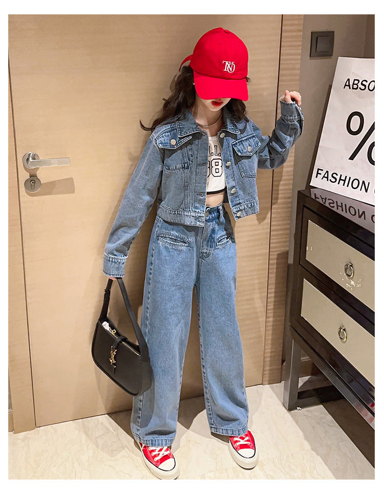 Girls' Autumn Set with Denim Jacket and Jeans, Girls' Denim Suit, Durable and Wear-resistant Children's Clothing