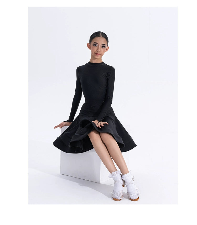 Girls Latin Dance Competition Clothing Glossy Fabric Long Sleeves Dance Dress Kids Cha Rumba Dance Practice Training Wear