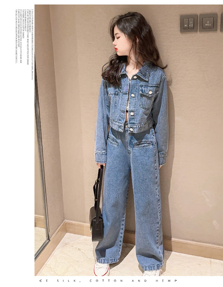 Girls' Autumn Set with Denim Jacket and Jeans, Girls' Denim Suit, Durable and Wear-resistant Children's Clothing