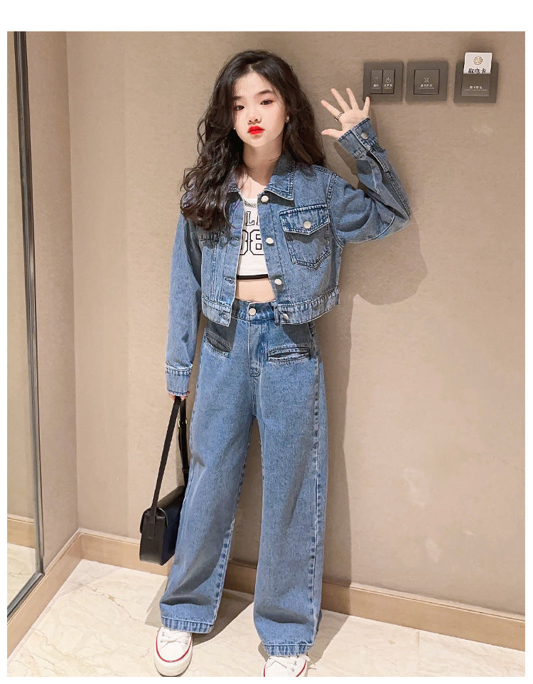 Girls' Autumn Set with Denim Jacket and Jeans, Girls' Denim Suit, Durable and Wear-resistant Children's Clothing