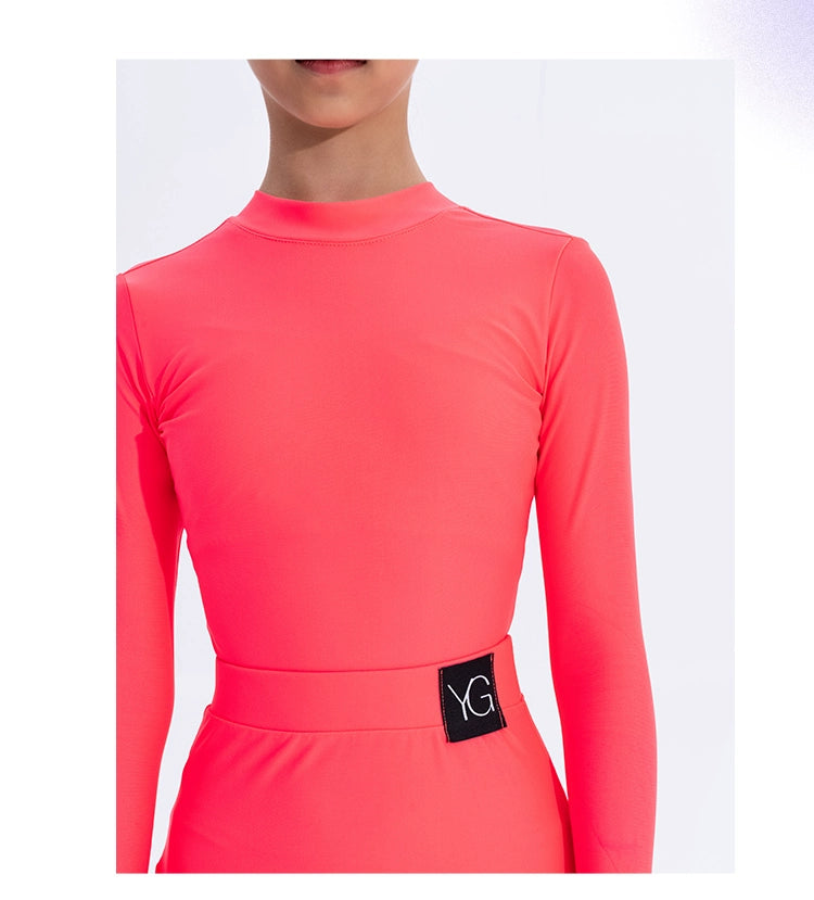 Girls Latin Dance Competition Clothing Glossy Fabric Long Sleeves Dance Dress Kids Cha Rumba Dance Practice Training Wear