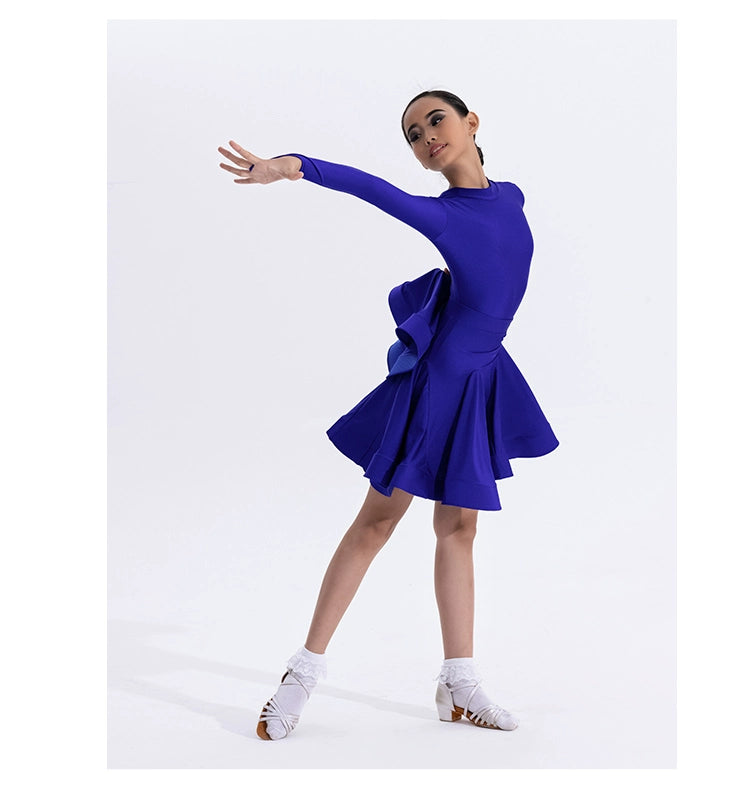 Girls Latin Dance Competition Clothing Glossy Fabric Long Sleeves Dance Dress Kids Cha Rumba Dance Practice Training Wear