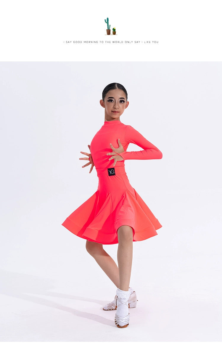 Girls Latin Dance Competition Clothing Glossy Fabric Long Sleeves Dance Dress Kids Cha Rumba Dance Practice Training Wear