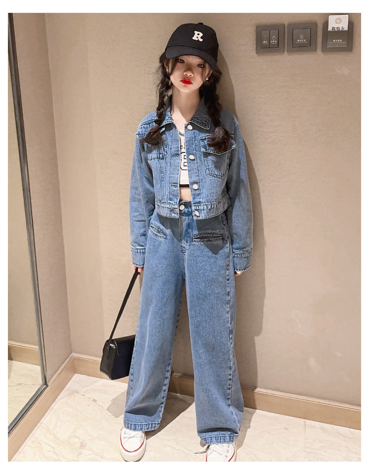 Girls' Autumn Set with Denim Jacket and Jeans, Girls' Denim Suit, Durable and Wear-resistant Children's Clothing