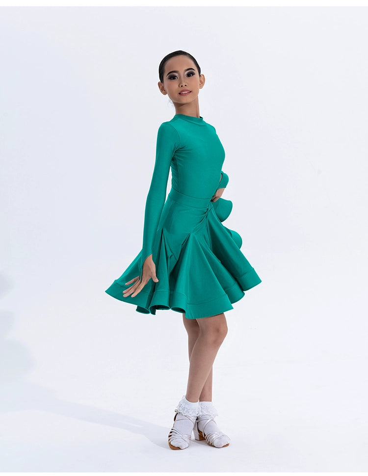 Girls Latin Dance Competition Clothing Glossy Fabric Long Sleeves Dance Dress Kids Cha Rumba Dance Practice Training Wear