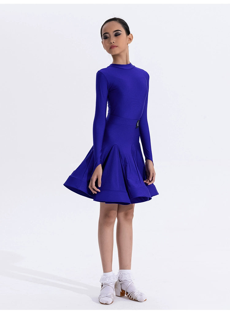 Girls Latin Dance Competition Clothing Glossy Fabric Long Sleeves Dance Dress Kids Cha Rumba Dance Practice Training Wear