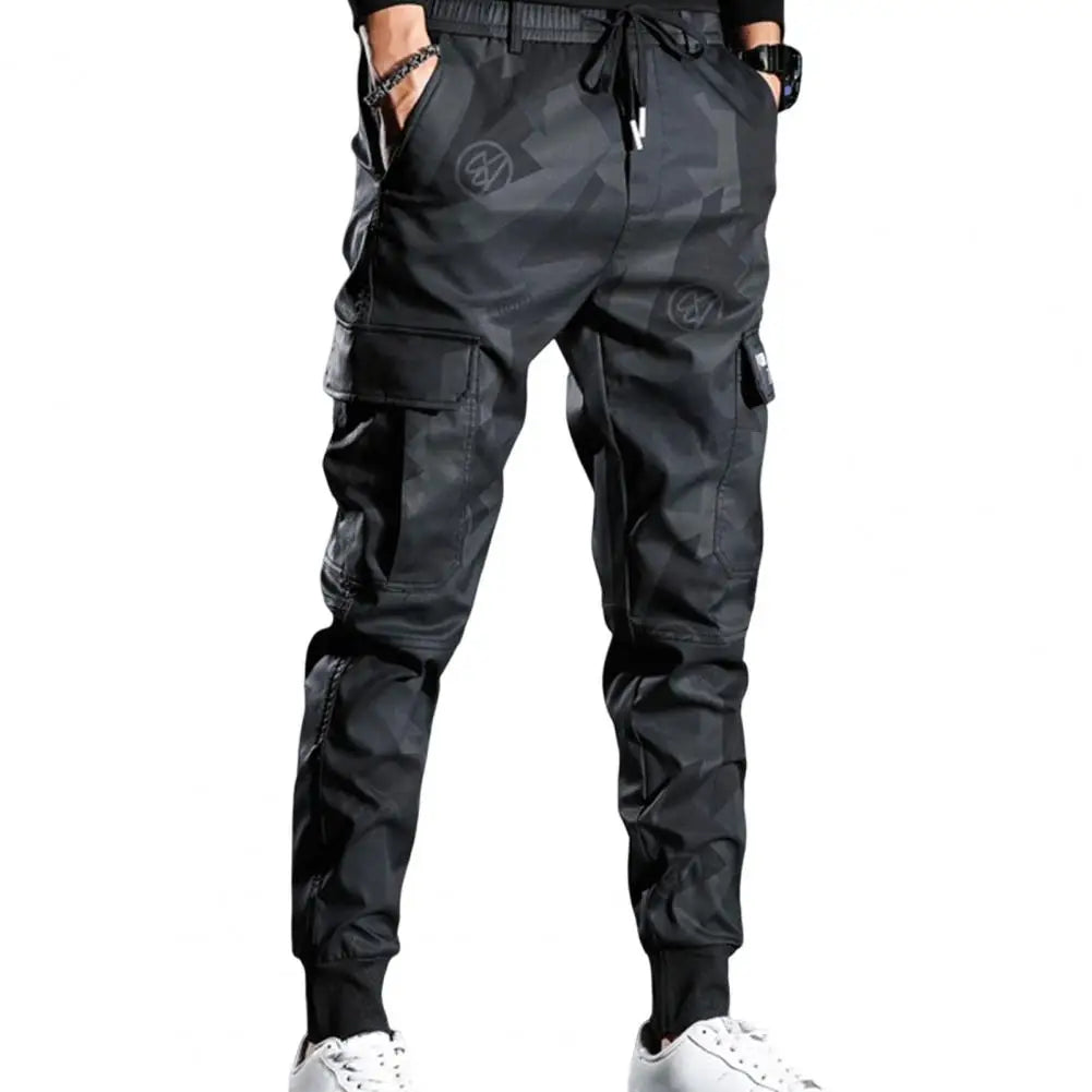 Men Cargo Pants Camouflage Print Drawstring Multi Pockets Bottoms Ankle Tied Trousers Autumn Elastic Waists Casual Sports Pants