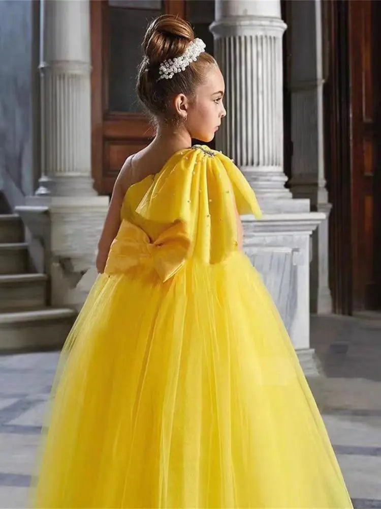 Girls Elegant Dress Tulle Evening Dresses Fashion Ball Performance Gown Solid Simple Girls Clothing Children Summer Frocks