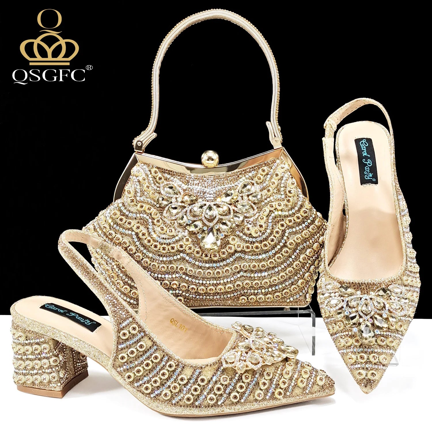 2024 Italian Design Full Rhinestone Comfortable high heel shoes And Bag Fashion Style Pointed-Toe Shoes For Women