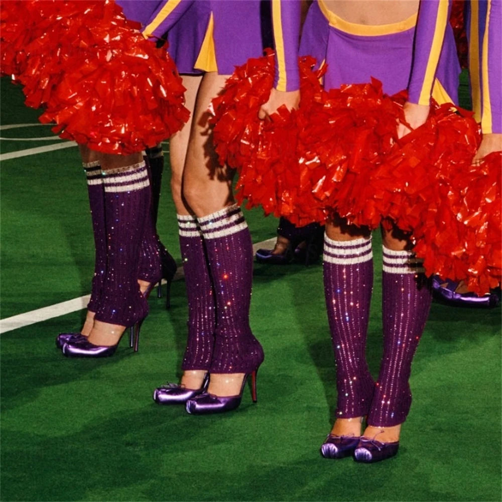 Rhinestone Socks Stiletto Booties Ballerina Bow Crepe Square Toe High Heel Pumps Multicolor Elegant Style Women's Mid-Calf Boots