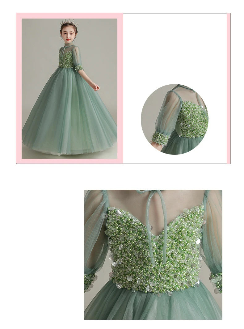 Children Clothing Green Dress for Girls 3 To 14 Year Elegant Formal Evening Dresses Long Luxury Cute Kid Wedding Party Ball Gown
