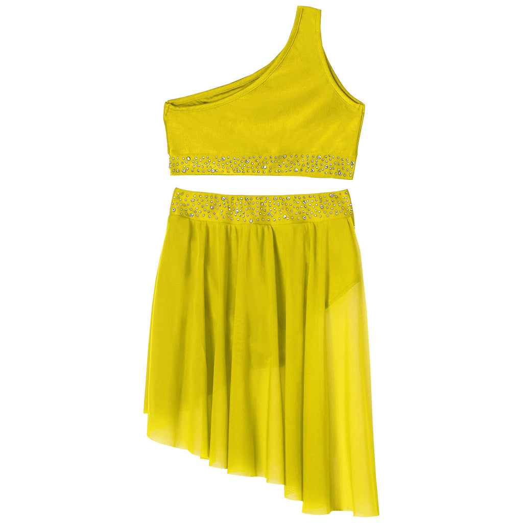 Girls Lyrical Dance Outfit Shiny One Shoulder Crop Top with Skirt for Jazz Skating Ballet Gymnastics Acrobatics Performance