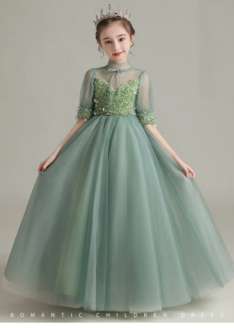 Children Clothing Green Dress for Girls 3 To 14 Year Elegant Formal Evening Dresses Long Luxury Cute Kid Wedding Party Ball Gown