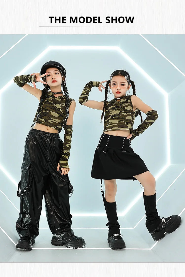 Girls Jazz Dance Costumes, Hip-hop Stage Costumes, Zumba Practice Clothes, Camouflage Children's Clothing Suits,10-12 Years Old