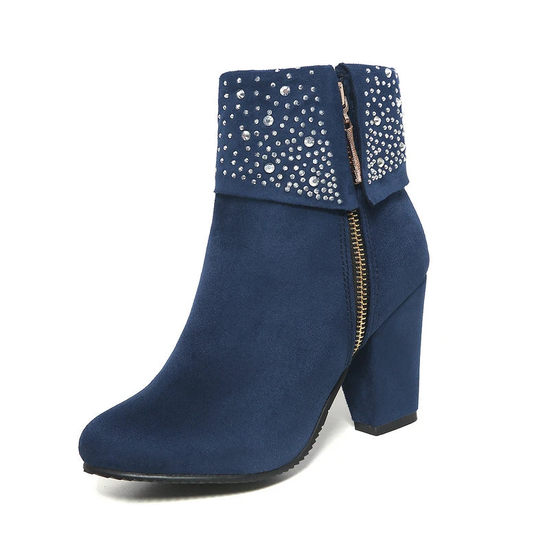 Rhinestone Crystal Sparkle Red Navy Blue Ankle Boots for Women Big Size 46 47 Zipper Chunky High Heels Bling Winter Warm Shoes