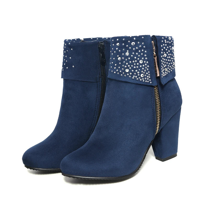 Rhinestone Crystal Sparkle Red Navy Blue Ankle Boots for Women Big Size 46 47 Zipper Chunky High Heels Bling Winter Warm Shoes