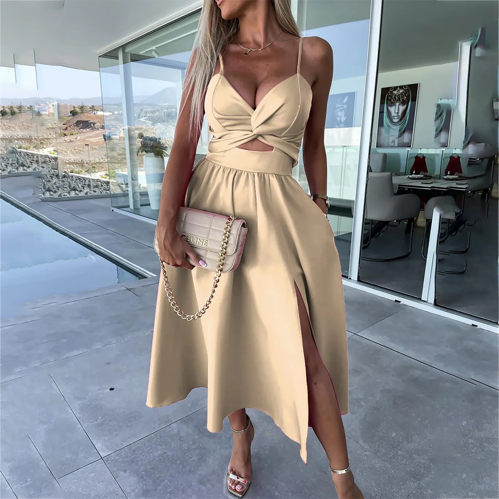 dresses for women trend sexy party dresses V-Neck Big Swing Slimming Backless Sleeveless long Dress Suspenders Hollow vestidos