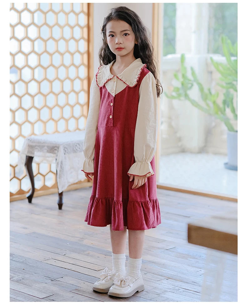 Girls Dress 2023 Winter Korean Style Children's Clothing Girls Fake Two-Piece Lapel Forest Fishtail Skirt Corduroy Princess Dress