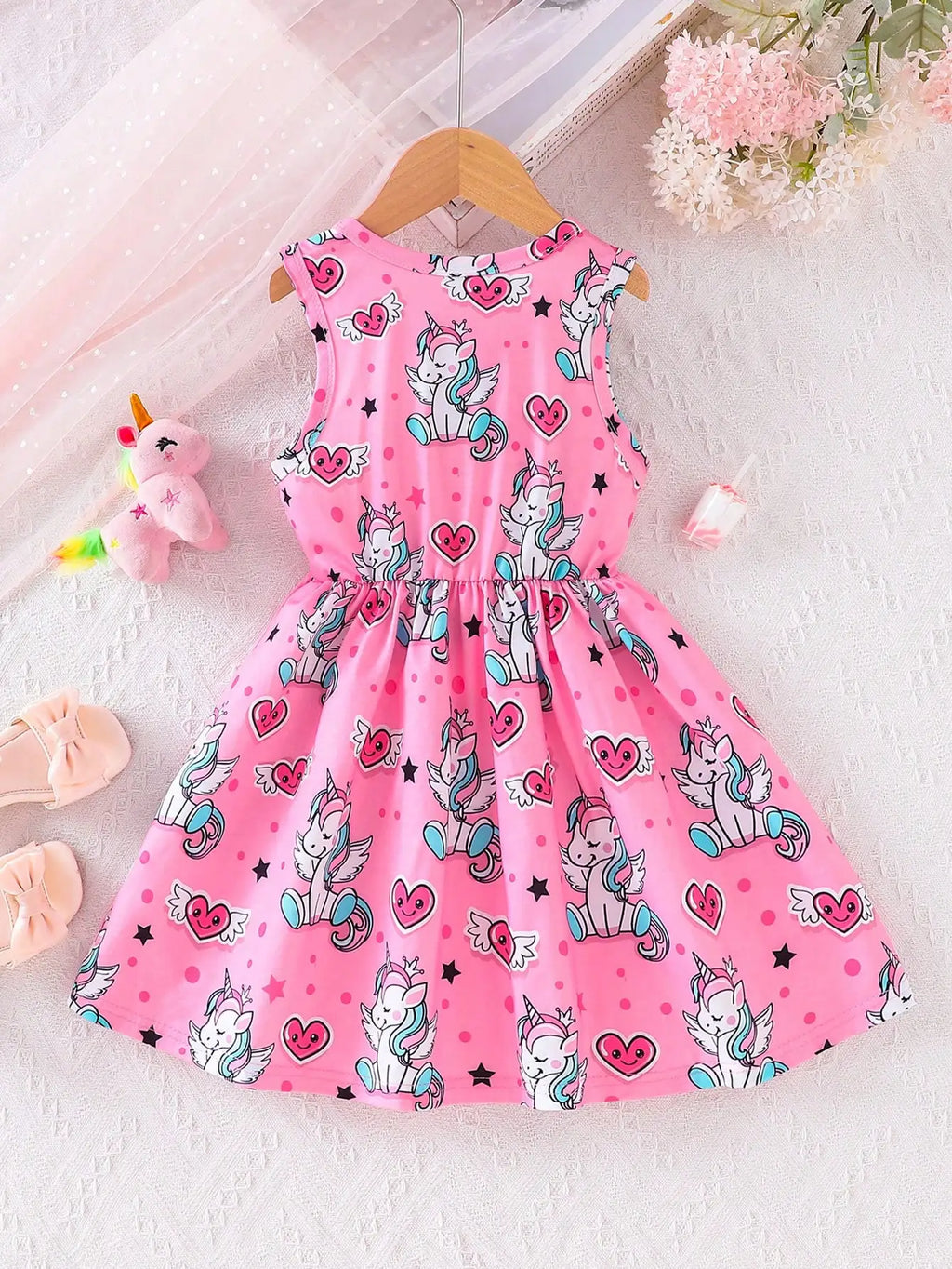 Girls' Elegant Polyester Knit Dress with Cartoon Digital Print